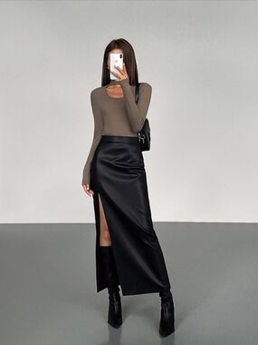 Commense Side Split PU Leather Midi Skirt